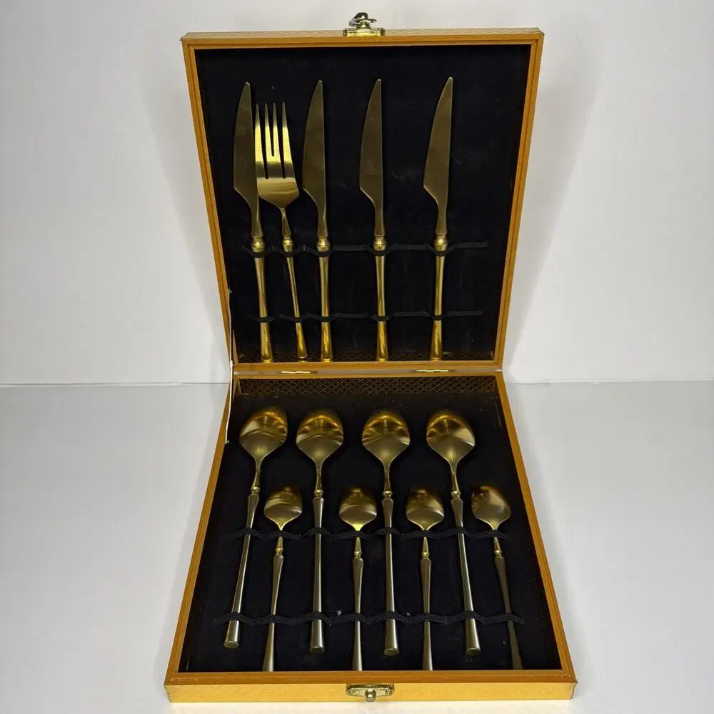 Gold Silverware 13 Piece Set Forged Stainless Steel Flatware Case Utensils Gift